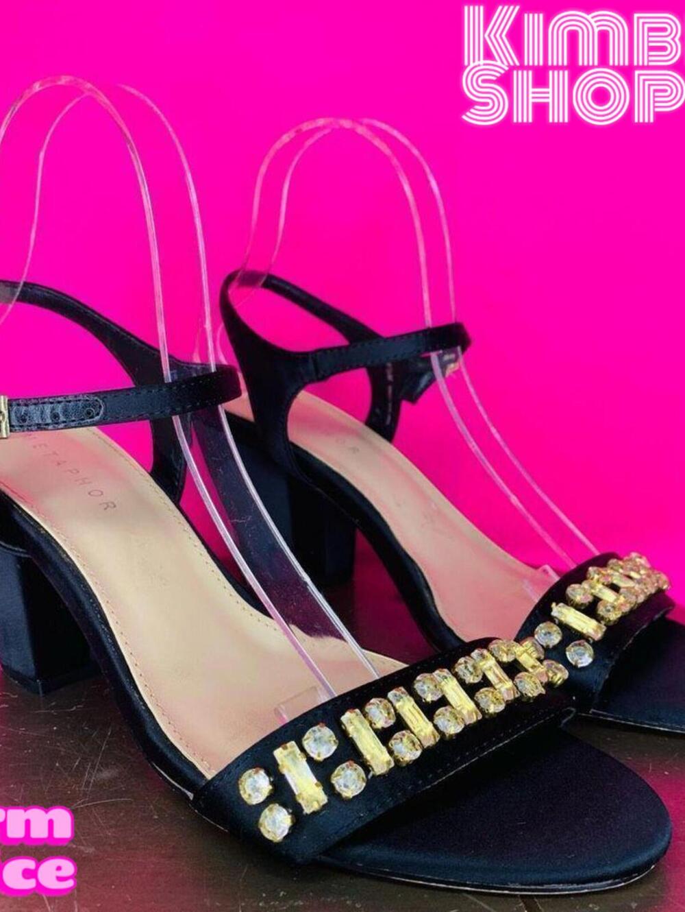 Metaphor Sesha Black Satin Jewel Open Toe Heeled Dress Sandals US 9.5